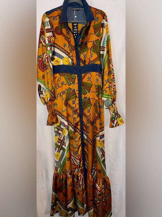 TOV Holy Dresses & Skirts - TOV Holy Patterned Maxi Shirt Button Dress With Denim Trim Size 40 New With Tag